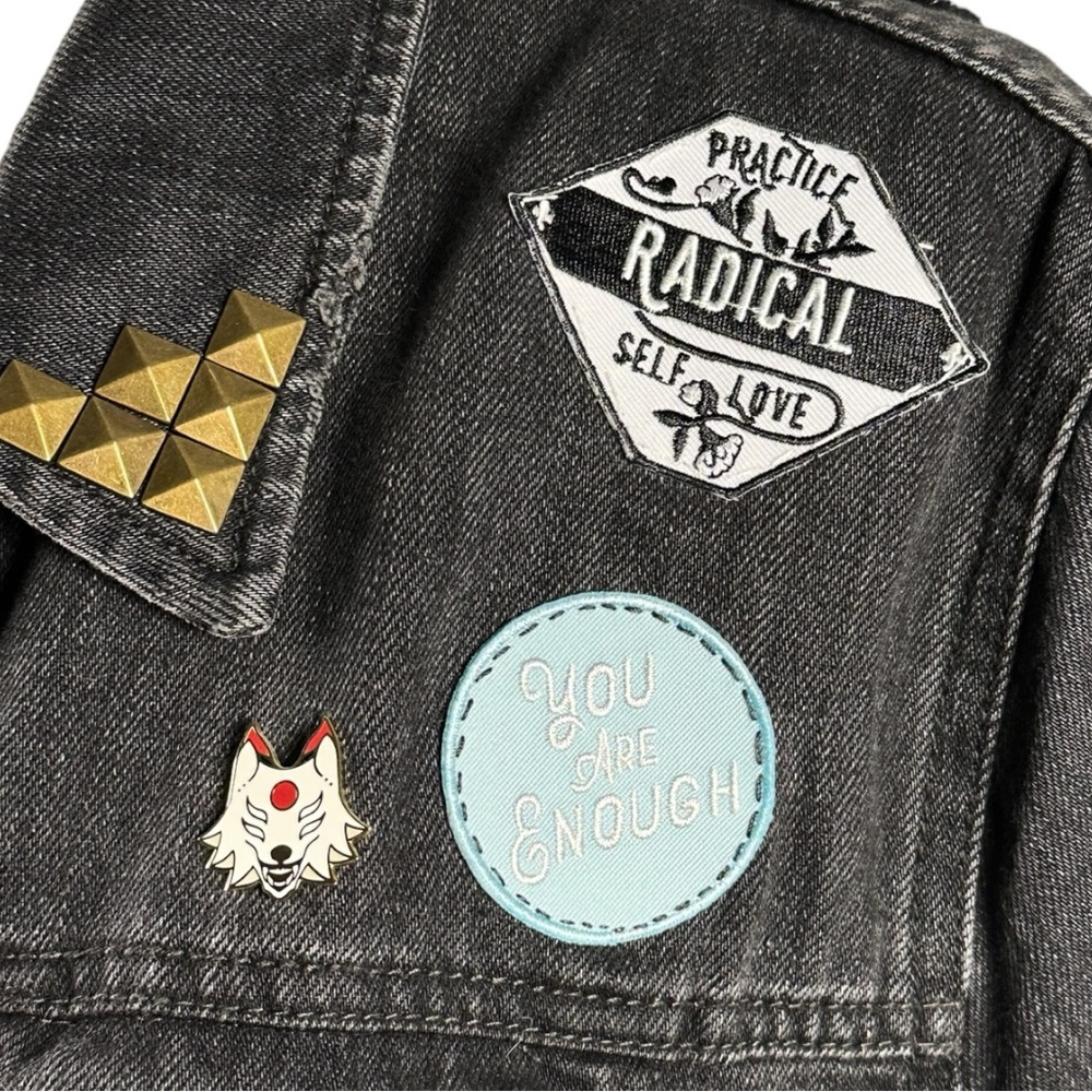 SOLD Punk rock custom denim patch pin black wash jacket self love rebel studs XL - Picture 3 of 13